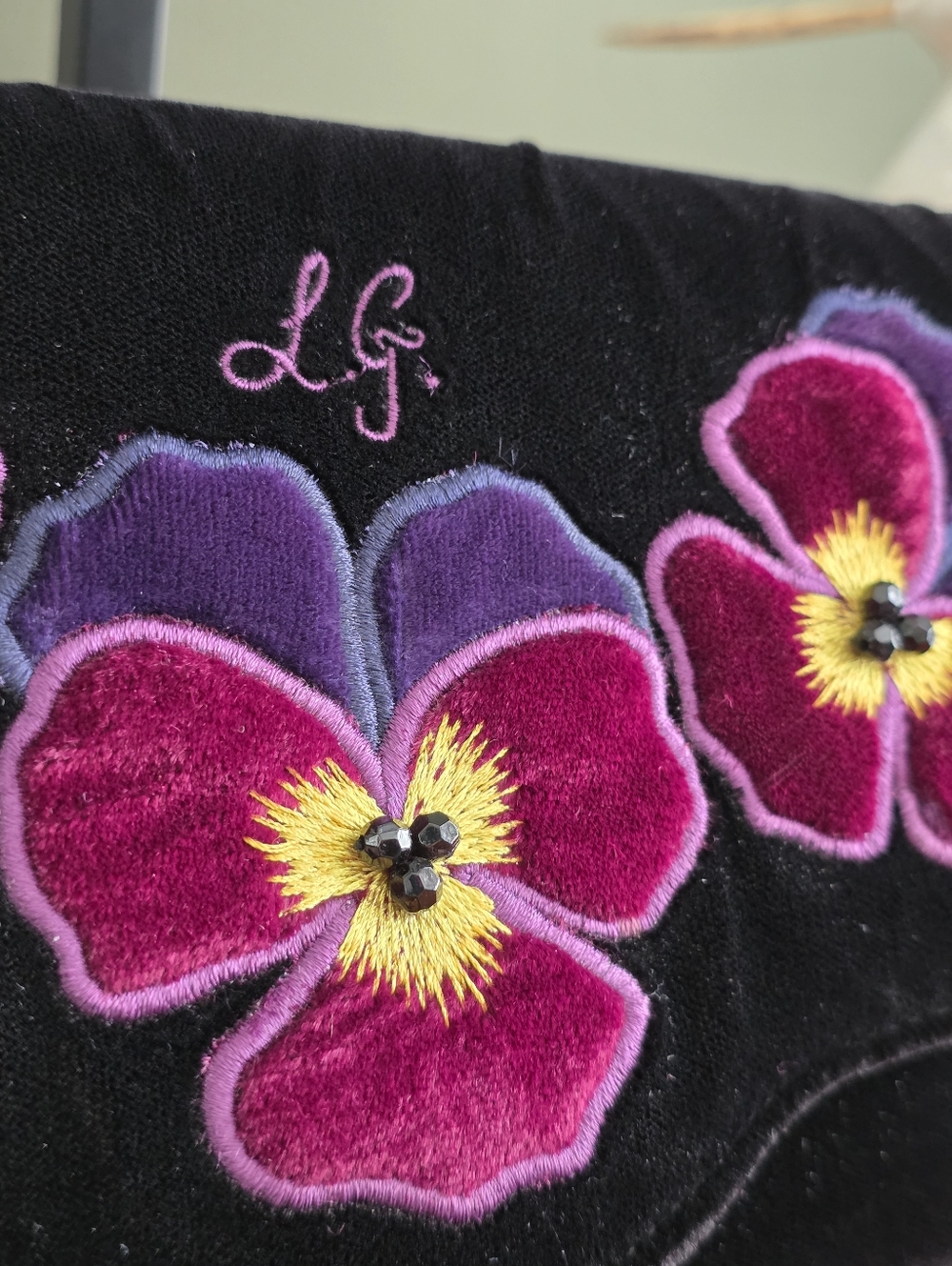 Lulu Guinness Floral Applique Shoulder Bag Black Velvet Purse Vintage